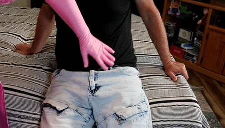 Hand job with pink satin gloves