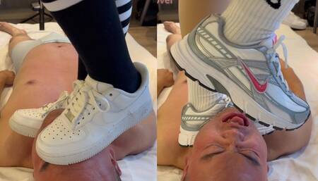 pre workout under her Nike AF1 and initiator sneakers