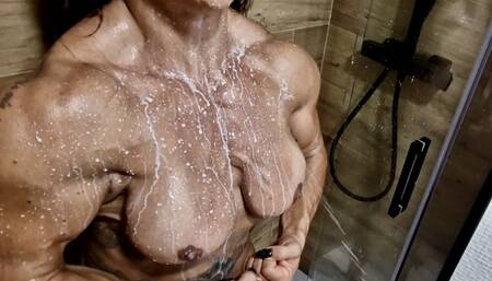 fbb huge massive in the shower wide back muscular arms big chest gets horny posing flexing nice angles full body weet!