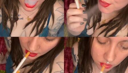 Smoking Close up - Wearing Lingerie & Red Lipstick