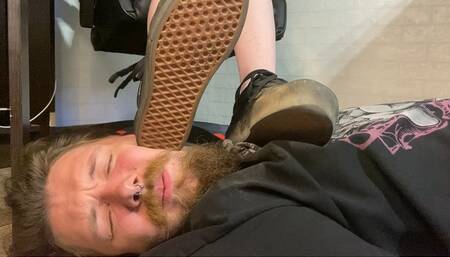 Slave's face and neck as a footstool under My dirty black Vans