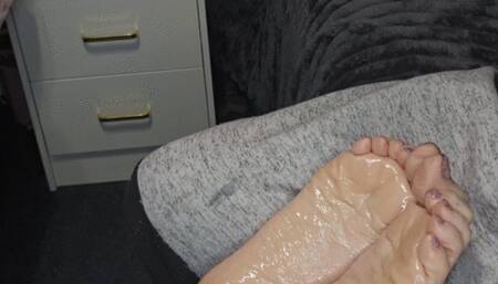 Oily soles tickled with a brush These feet are yours please tickle the soles of my feet