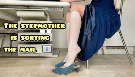 YOUR EYE IS CAPTURED as StepMommy play with jeans shoes, white knee socks on long legs dangling foot