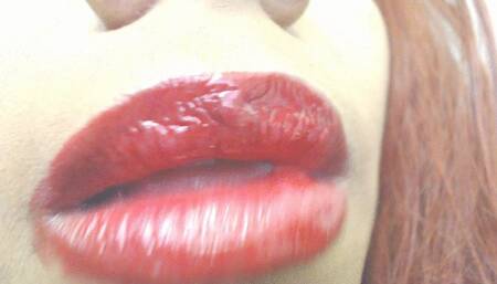 Licking Red Lipstick and Pouting