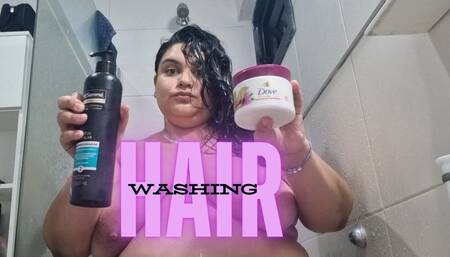 Washing my hair with shampoo and nourishing mask