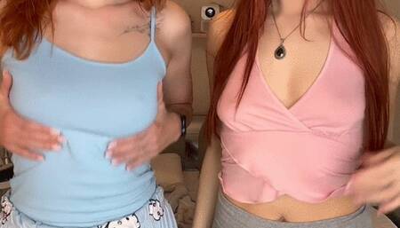 boobs play! bouncing tits and nipple licking by two redheads