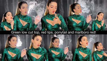 Green low cut top, red lips, ponytail and marlboro red!