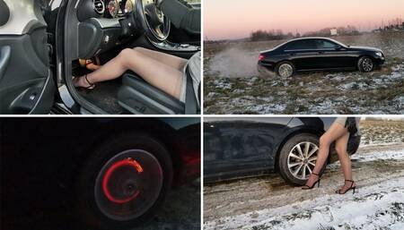 HOT PREMIERE: Emily punishes luxury Mercedes with hard revving, crazy drift, hard braking with UPSKIRT!!!
