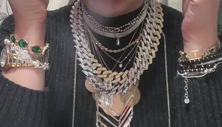 Anna Sparkle wearing full of jewerly while smoke multiples and cough