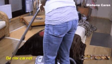 Madame Caren lazy slave get sucked by vacuum cleaner while vacuuming studio front cam