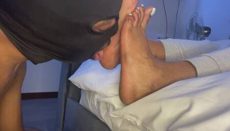 He worships my sexy Nut White pedicure