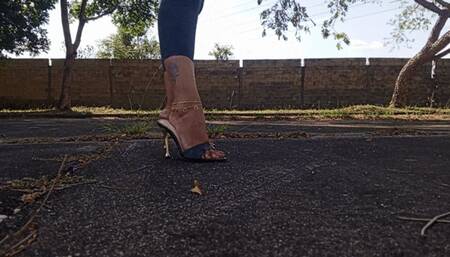 Walking through the park in beautiful high mules (3)