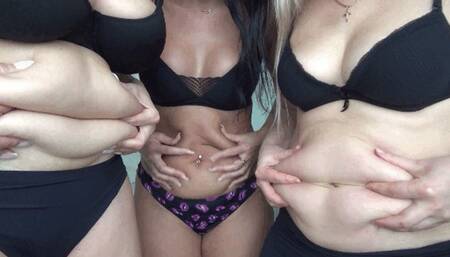 three beautiful ladies roll up their bellies into fat rolls GW