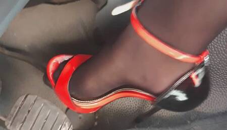 Pumping Car, Squirt Collant, Red High Stiletto Heels, Moans, Big Ass and Pussy outdoor car
