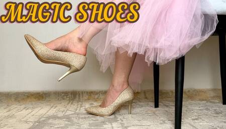 Shiny Golden Shoes Play - Worship the Fairy Magical High Heels, Dangling Foot, Small Feet
