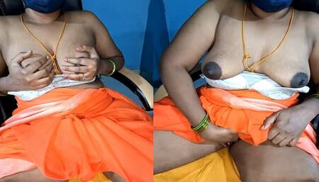 Desi Orange Saree Aunty Fingerings in Pussy Clitoris Deeply Saggy Tights Showing Boobs Puffy Nipples Massage