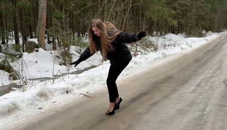 Zanotti platform shoes on black ice, heelless on ice, girl on high heels on ice, slippery shoes on ice