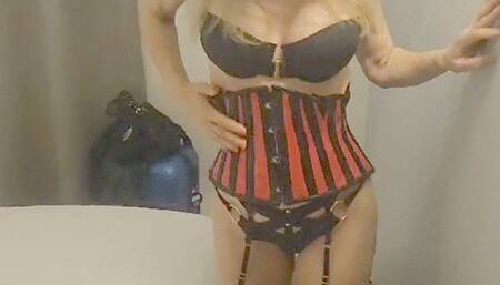 leather corset stockings and suspenders and leather boots tease n cum