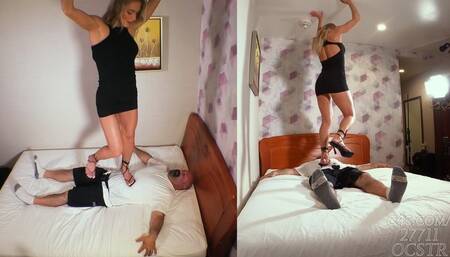 Buff Blondi Heel Trampling Slave on the Bed - Above and Rear Views 4K