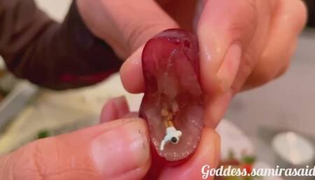 Samira makes a feast with her tinys and swallows them, uses her tongue and enjoys her fruit with the rich flavor of her tinys