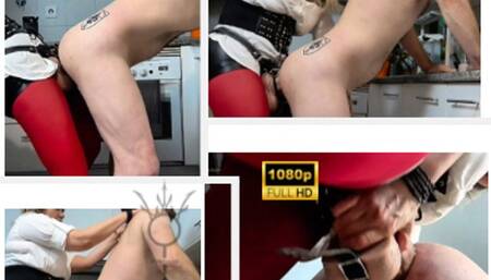 Domestic slave husband being fucked in the kitchen