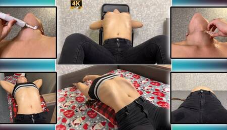 Bloating - Belly Stretching and Ice Neck Massage 4K - Deep Breathing - Belly Fetish - Jeans Fetish - Belly Button - Neck Worship - Breath Play - Flat Belly - Ice On Skin