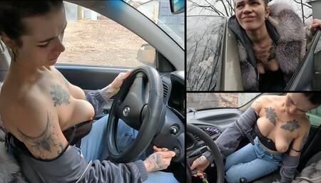 Horny Alina can't start two cars and bounces her boobs