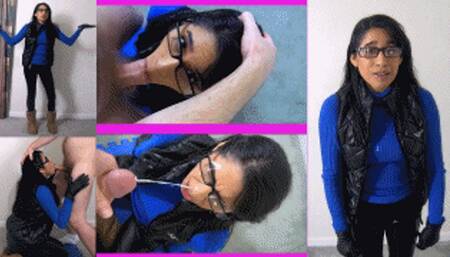 Ski snob eRica wants a refund for her airBnB! She throats his cock and gets blasted with cum to get her money back! She gets cum all over her face & outfit!