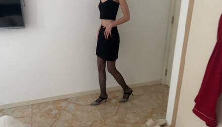 The girl came home from a walk and finally can take off the shoes she was given and stretch her feet, tickle them and play with a rubber dick