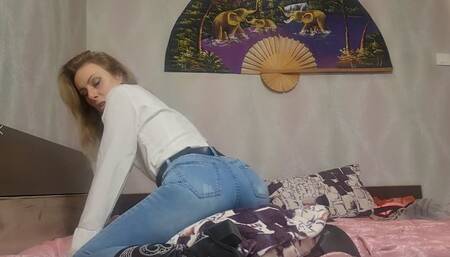 jeans, belt fetish, dry humping on pillow