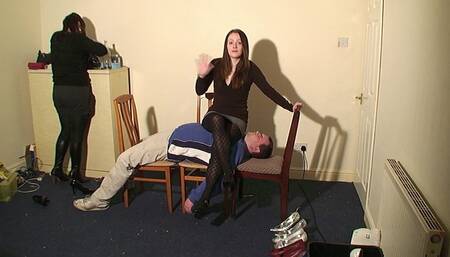 Hannah & Ariana Sit On The Slave On The Dining Chairs