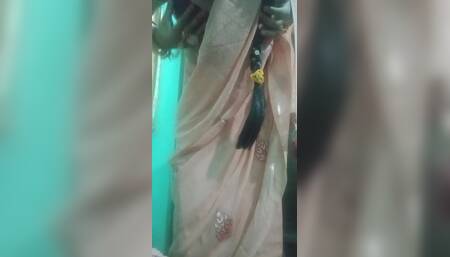 Indian Trans Woman Gaurisissy Pressing and Milking Her Boobs in Pink Saree