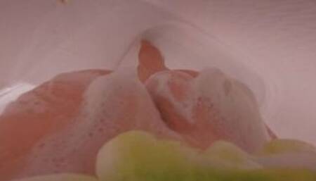 POV tiny man scrubs giantess body clean