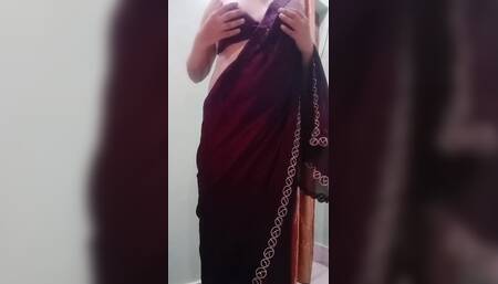 Indian Crossdresser Gaurisissy Feeling Horny in Purple Saree Looking and Fucking Like a Housewife