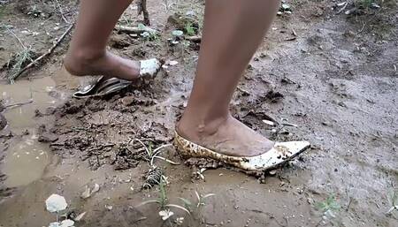 Gianmarco lorenzi high heels destruction in the forest, wrecked high heels, high heels in mud
