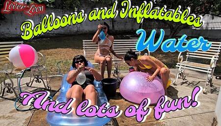 Explosive fun! three friends, balloons and beach ball