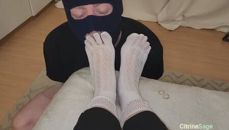 Foot slave worships my new socks and then gets to lick clean my feet