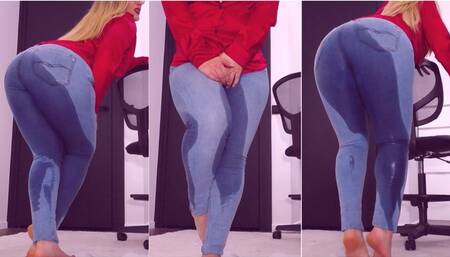 953 PEE in denim Jeans - PISS desperation, peeing in WET jeans cuz ur secretary CAN NOT HOLD it anymore - soaking wet JEANS, pissing and making all pants, embarrassment, embarrassed secretary