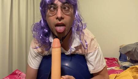 Cute Femboy On All Fours Taking Dildo in Ass and Throat