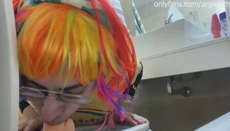 Femboy With Glasses Deepthroating and Fucking Dildo on the Toilet