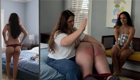 Caught spying on Flora changing, you (Milo) get spanked by Kelley while Flora watches! (otk spanking, hairbrush, humiliation, scolding)