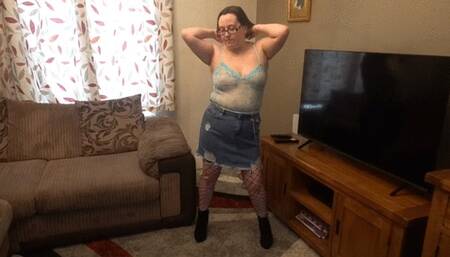 Striptease Denim miniskirt stockings and lace top ankle boots