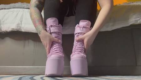 Foot Fetish Sniffing Big Purple Boots