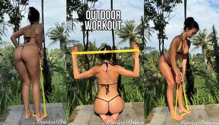 Outdoor workout for back, arms and ass in micro bikini