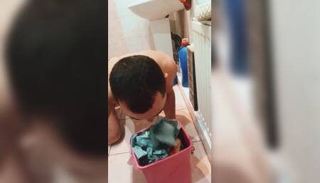 Toilet Slave Eats Toilet Paper From the Trash Can