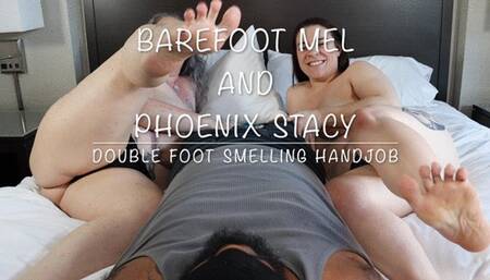 Barefoot Mel and Phoenix Stacy Double Foot Smelling Handjob