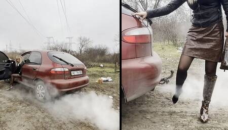 Blonde plays with exhaust fumes