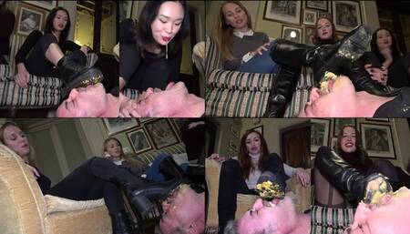 NINA MOROVIC - Five Mistresses Femdom party - The welcome - PART 2: Food crushing under shoes and boots, eating crushed food