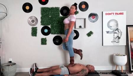 The Never Ending Trample - Goddess Rapture Crushes Her Slave with Non-Stop Trampling While Wearing Her Cowboy Boots - She Tramples His Body and Face with All Her Weight - UltraHD (MP4)