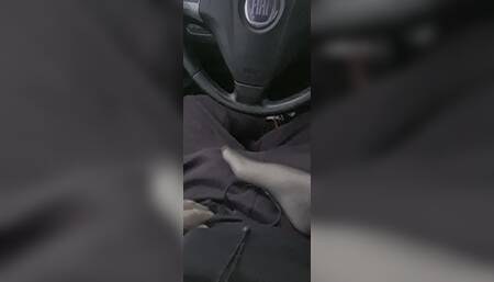 Stockinged Footjob in the Car